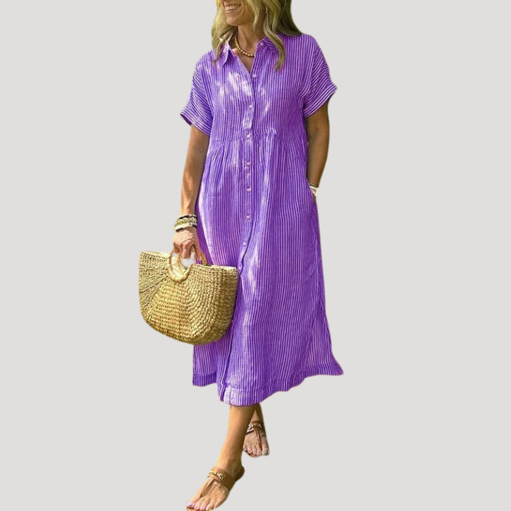 Women's Linen Dress Shirt Dress Midi Short Sleeve Summer