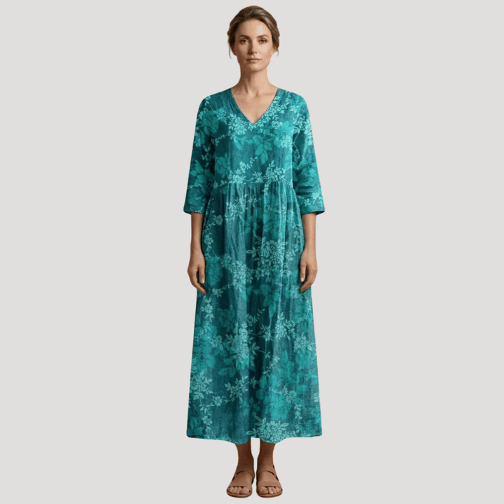 Women's Floral Maxi V Neck Printed Boho Three Quarter Sleeves