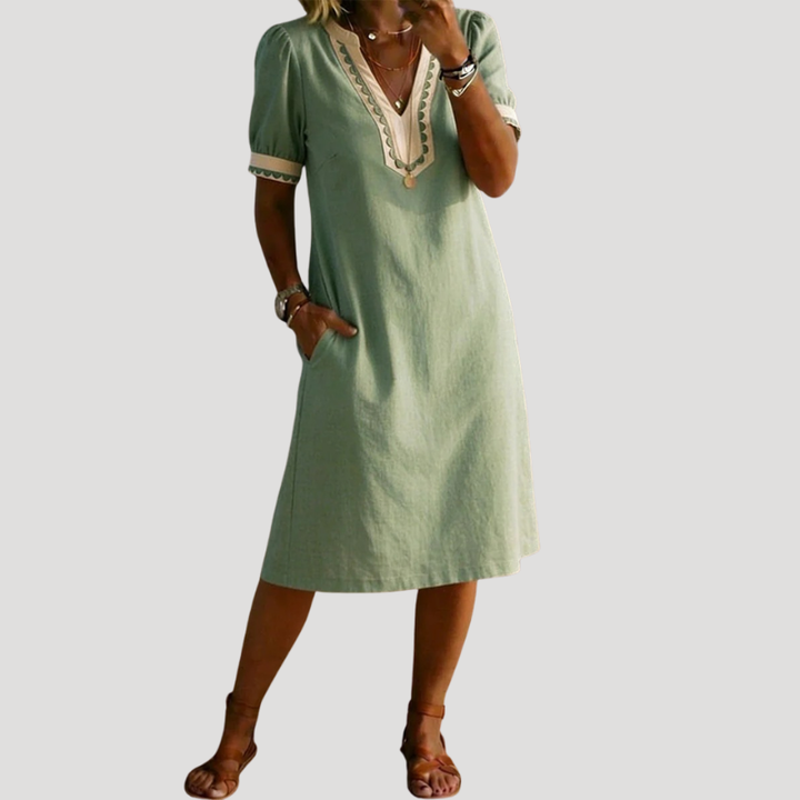 Women's Linen Dress Casual Midi V Neck Short Sleeve Loose