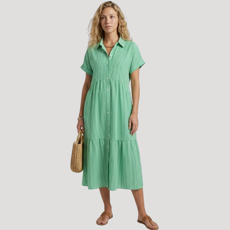 Women's Striped Midi Shirt Dress Short Sleeve Collared Casual Summer