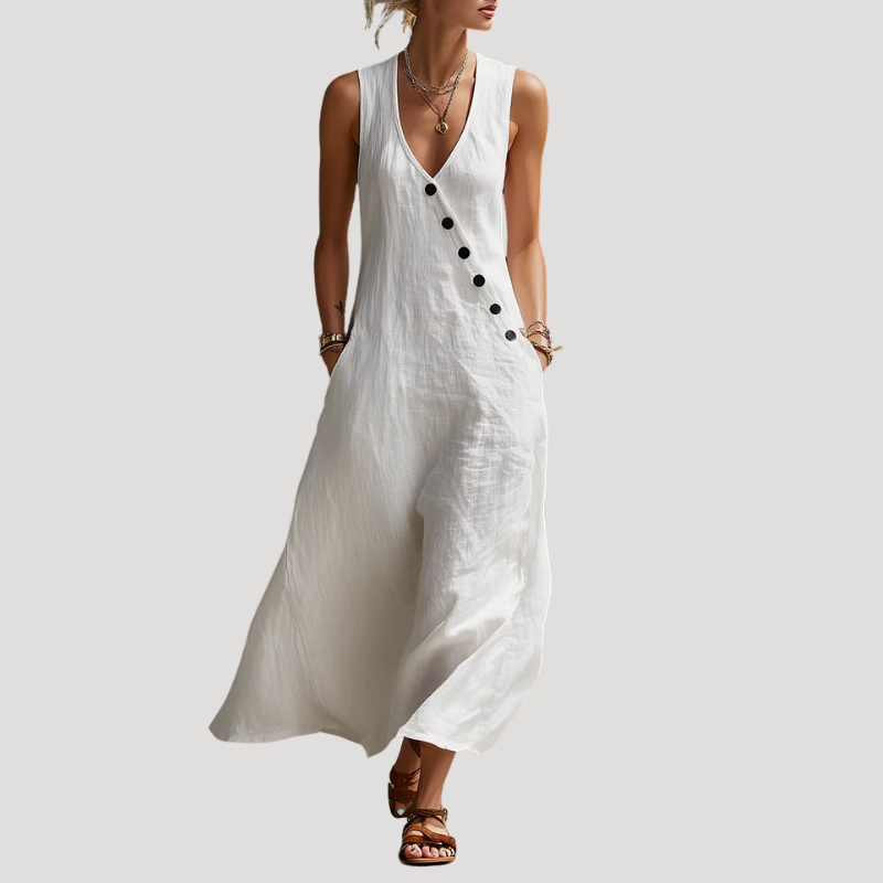 Women's Linen Dress Maxi Dress Sleeveless Button V Neck