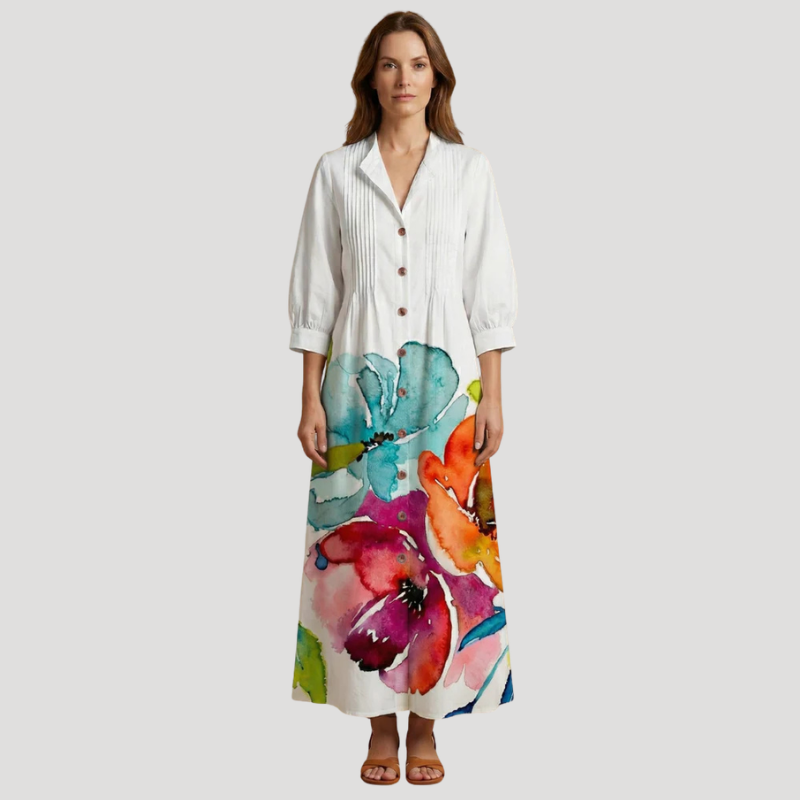 Women's Floral Maxi Shirt Dress Long Sleeve Button Front