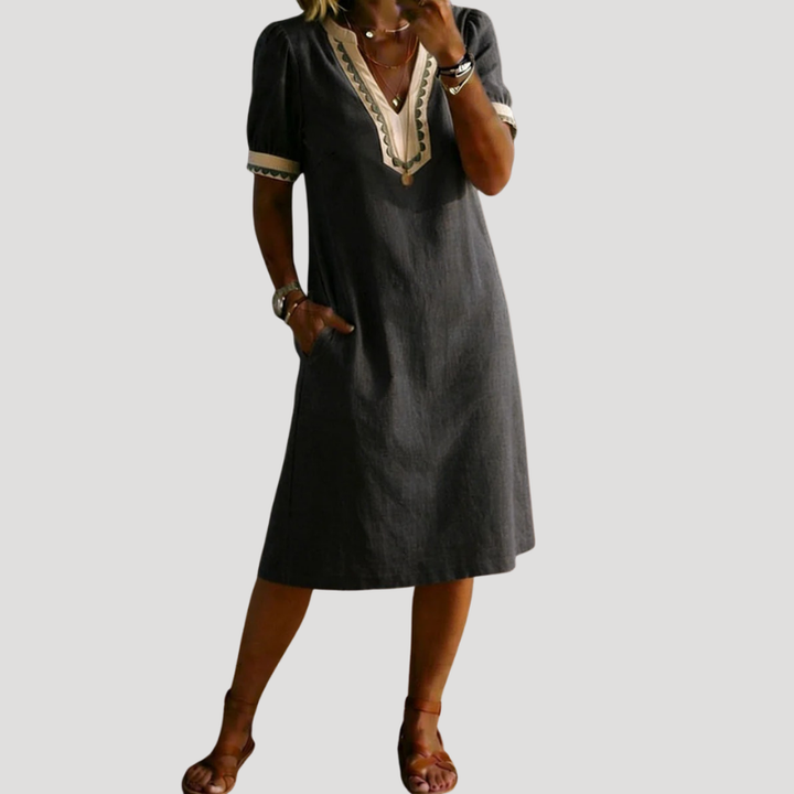 Women's Linen Dress Casual Midi V Neck Short Sleeve Loose