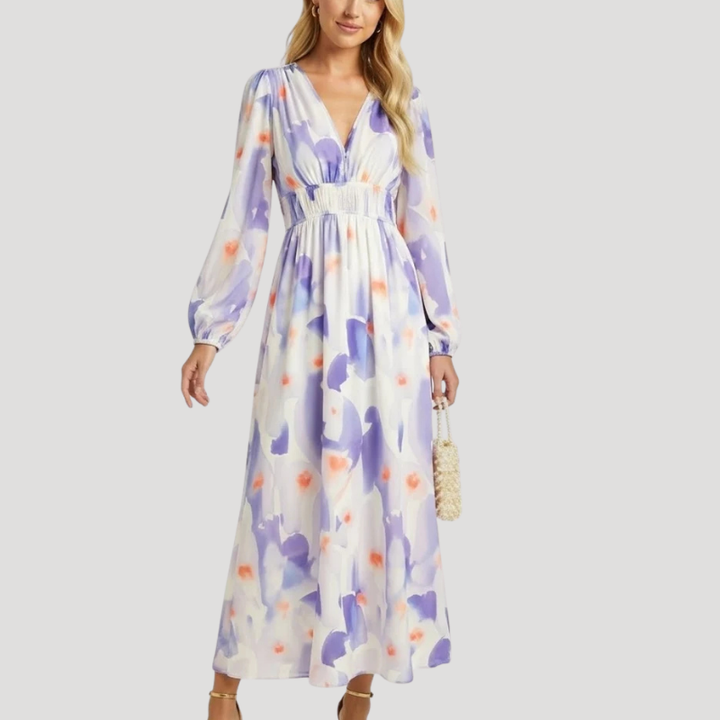 Women's Dress Floral Maxi Wrap V Neck Long Sleeve Boho