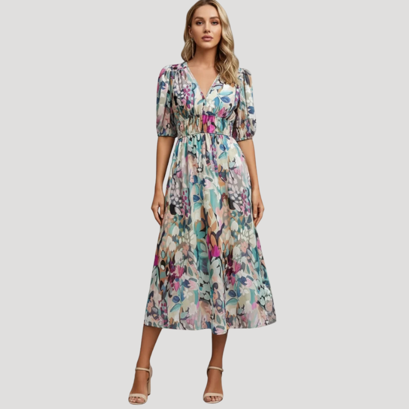 Women's Dress Floral Midi Wrap V Neck Short Sleeve Casual