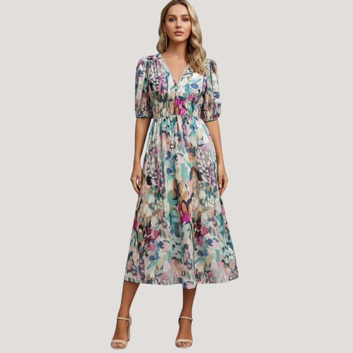 Women's Dress Floral Midi Wrap V Neck Short Sleeve Casual
