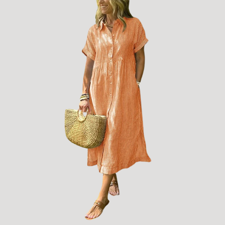 Women's Linen Dress Shirt Dress Midi Short Sleeve Summer