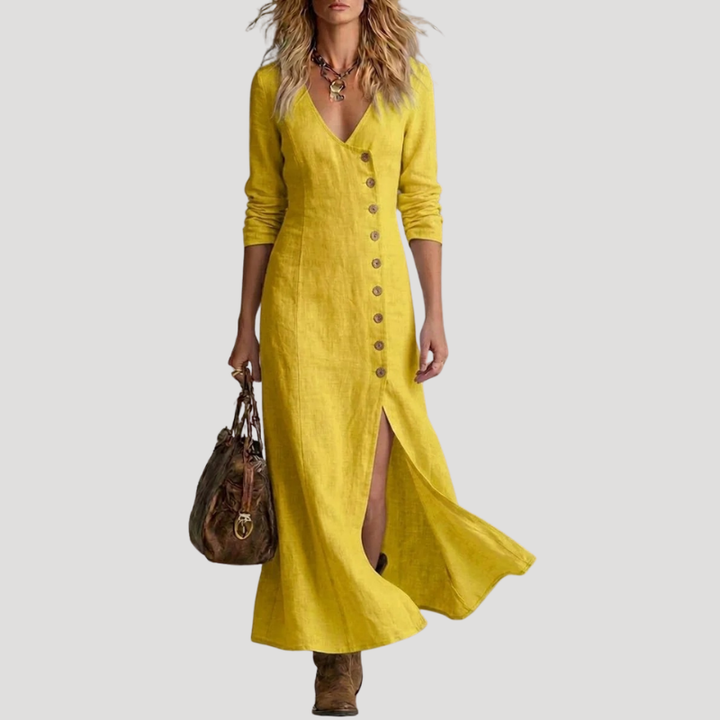 Women's Linen Dress Maxi Dress Button V Neck Long Sleeve