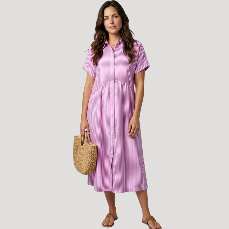 Women's Striped Midi Shirt Dress Short Sleeve Collared Casual Summer