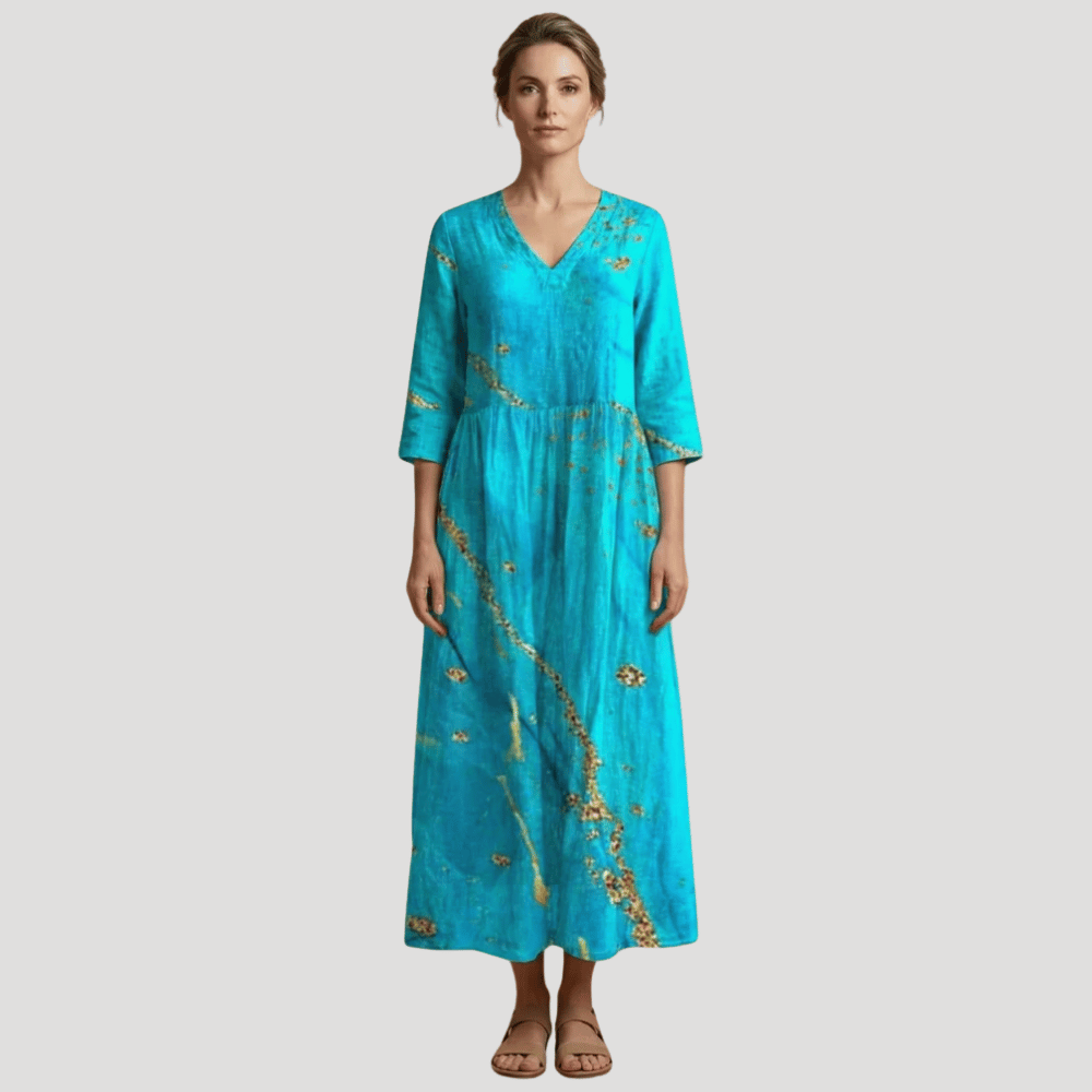 Women's Floral Maxi V Neck Printed Boho Three Quarter Sleeves