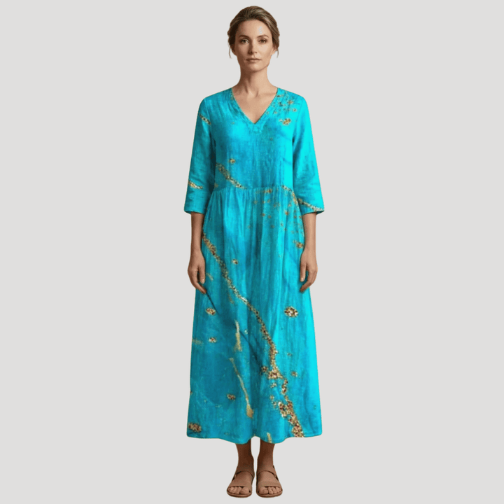 Women's Floral Maxi V Neck Printed Boho Three Quarter Sleeves
