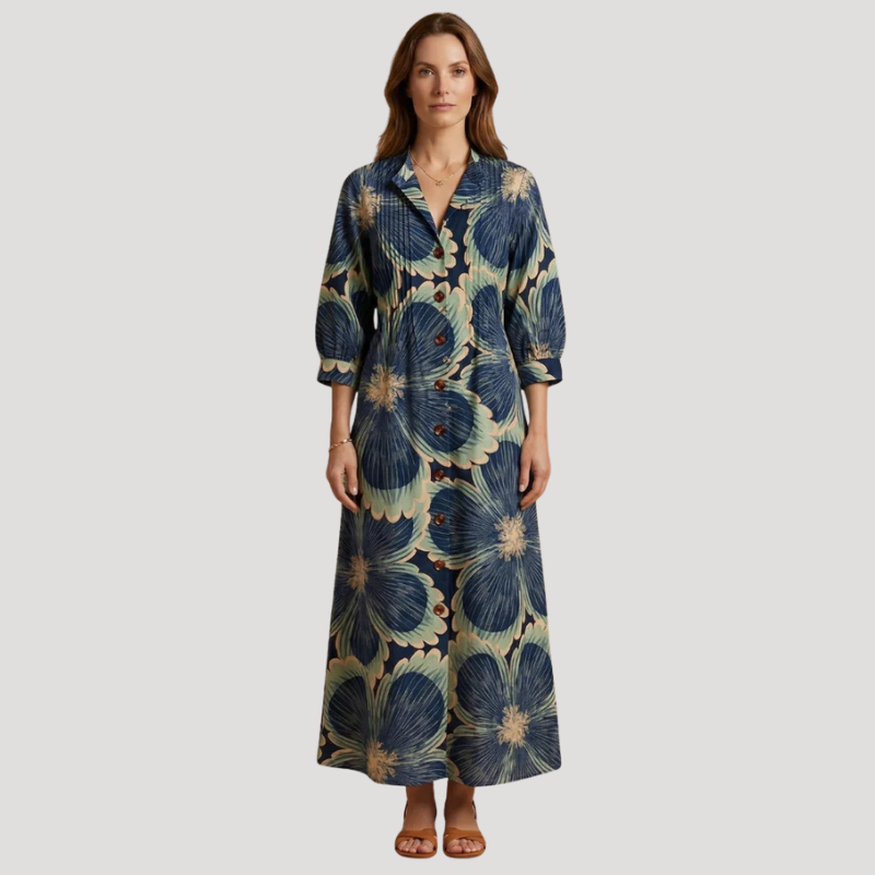 Women's Floral Maxi Shirt Dress Long Sleeve Button Front