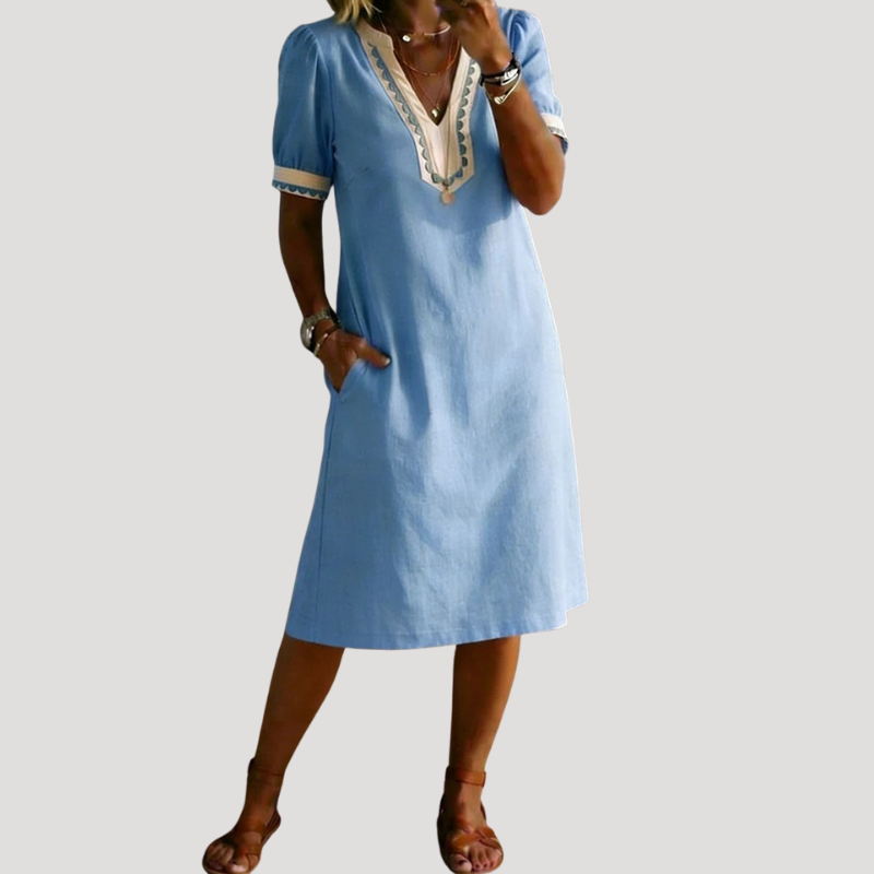 Women's Linen Dress Casual Midi V Neck Short Sleeve Loose
