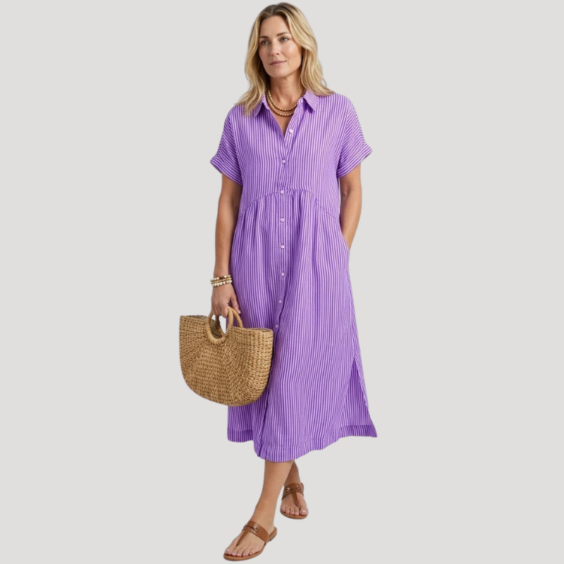 Women's Striped Midi Shirt Dress Short Sleeve Collared Casual Summer
