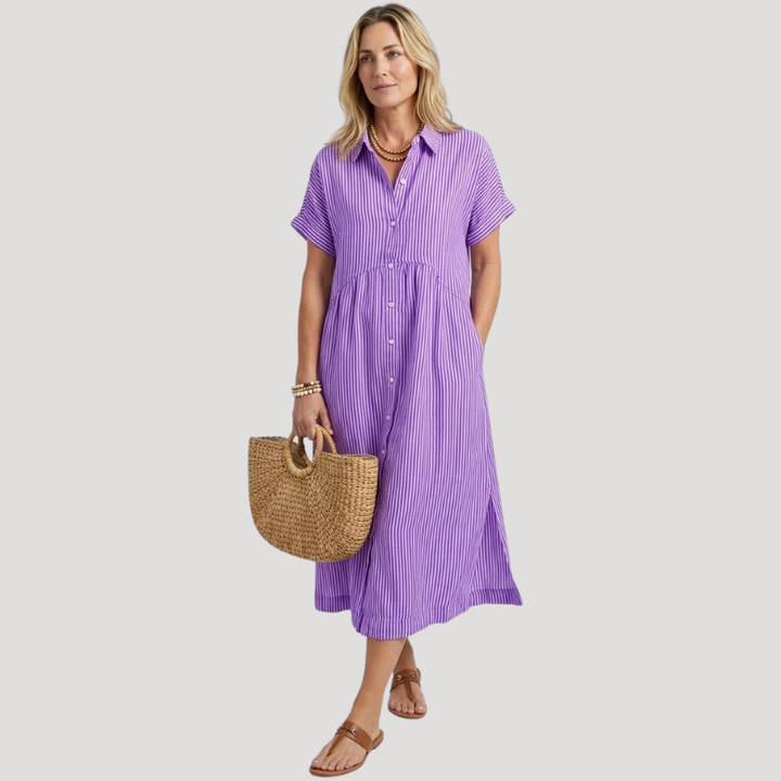 Women's Striped Midi Shirt Dress Short Sleeve Collared Casual Summer