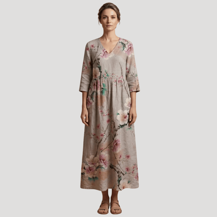 Women's Floral Maxi V Neck Printed Boho Three Quarter Sleeves