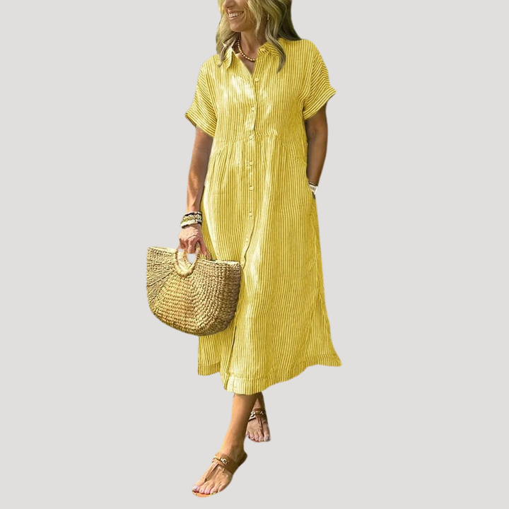 Women's Linen Dress Shirt Dress Midi Short Sleeve Summer