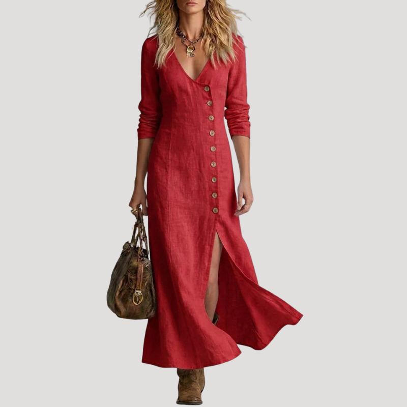 Women's Linen Dress Maxi Dress Button V Neck Long Sleeve