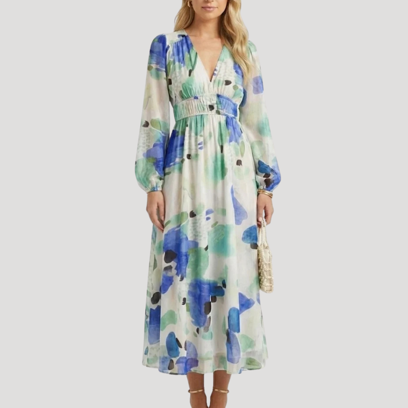 Women's Dress Floral Maxi Wrap V Neck Long Sleeve Boho