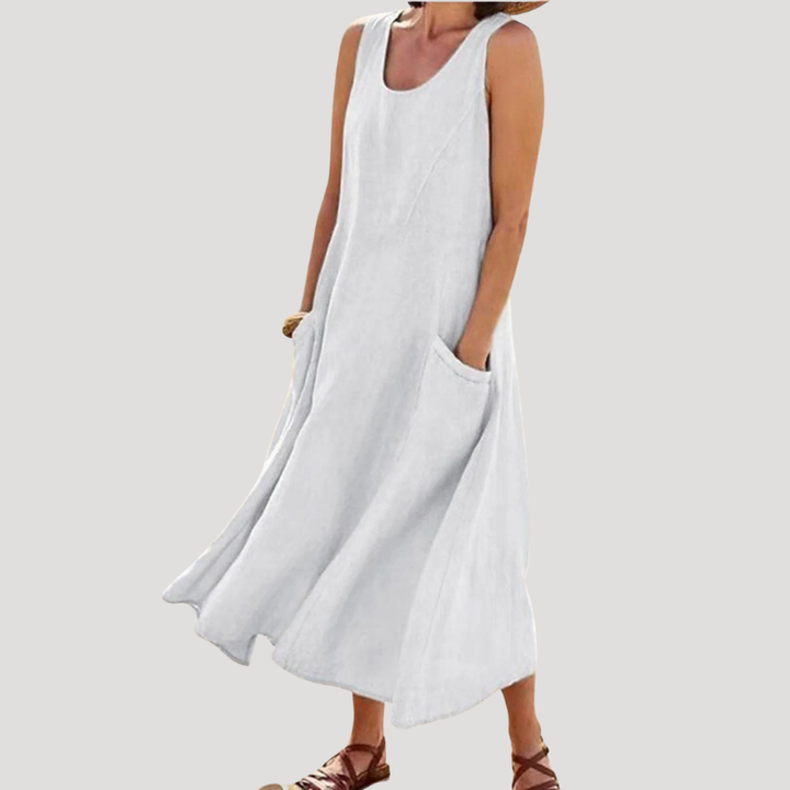 Women's Linen Dress Maxi Sleeveless Tank Loose Pocket Casual