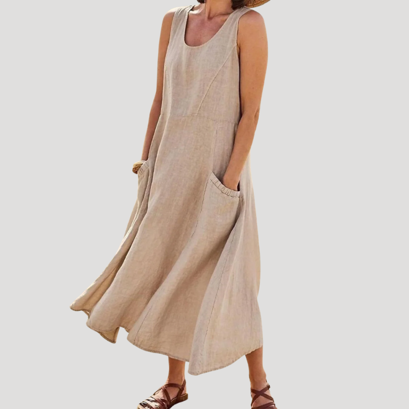 Women's Linen Dress Maxi Sleeveless Tank Loose Pocket Casual